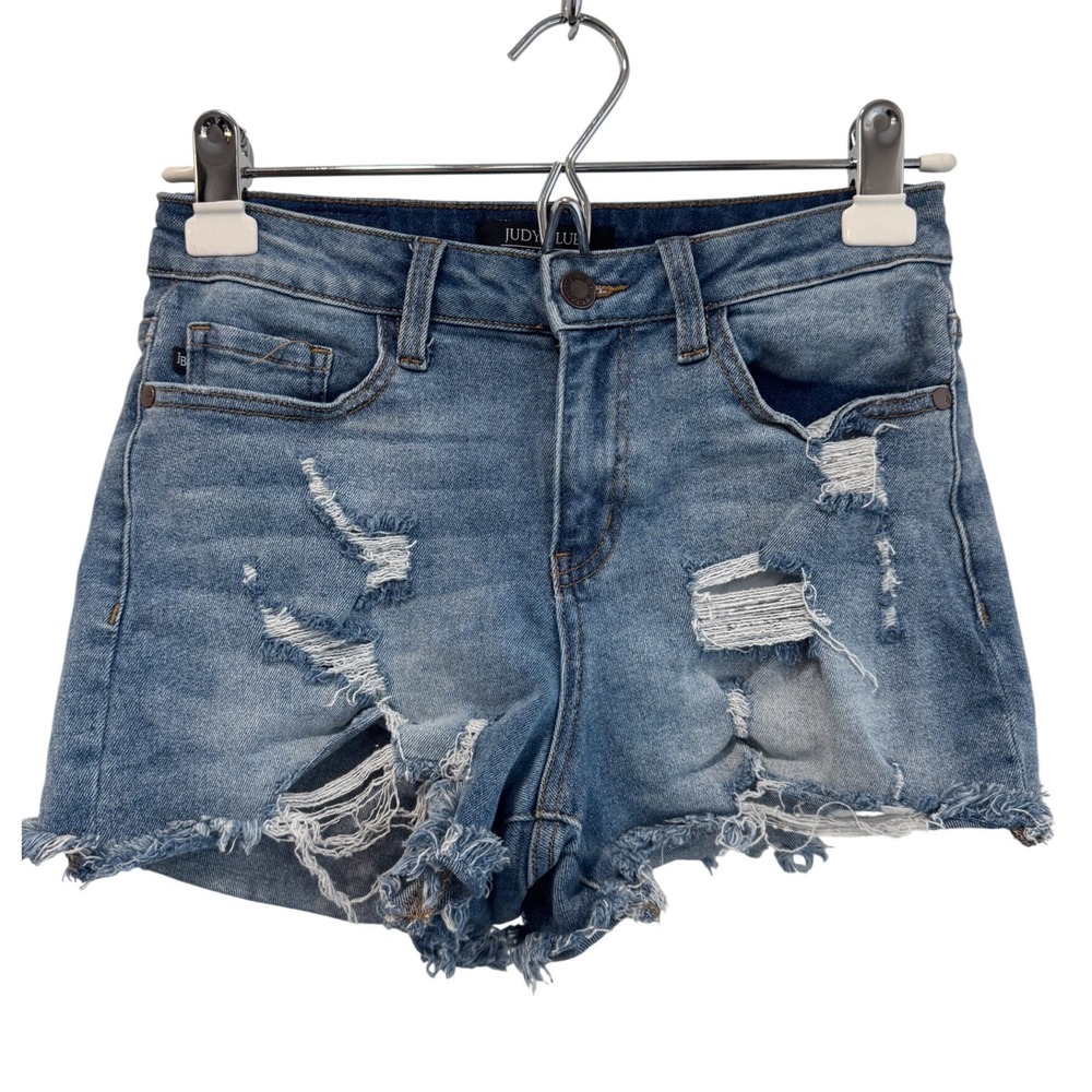 Judy Blue Distressed Denim Shorts Medium Wash Frayed Raw Hem Womens Size S
